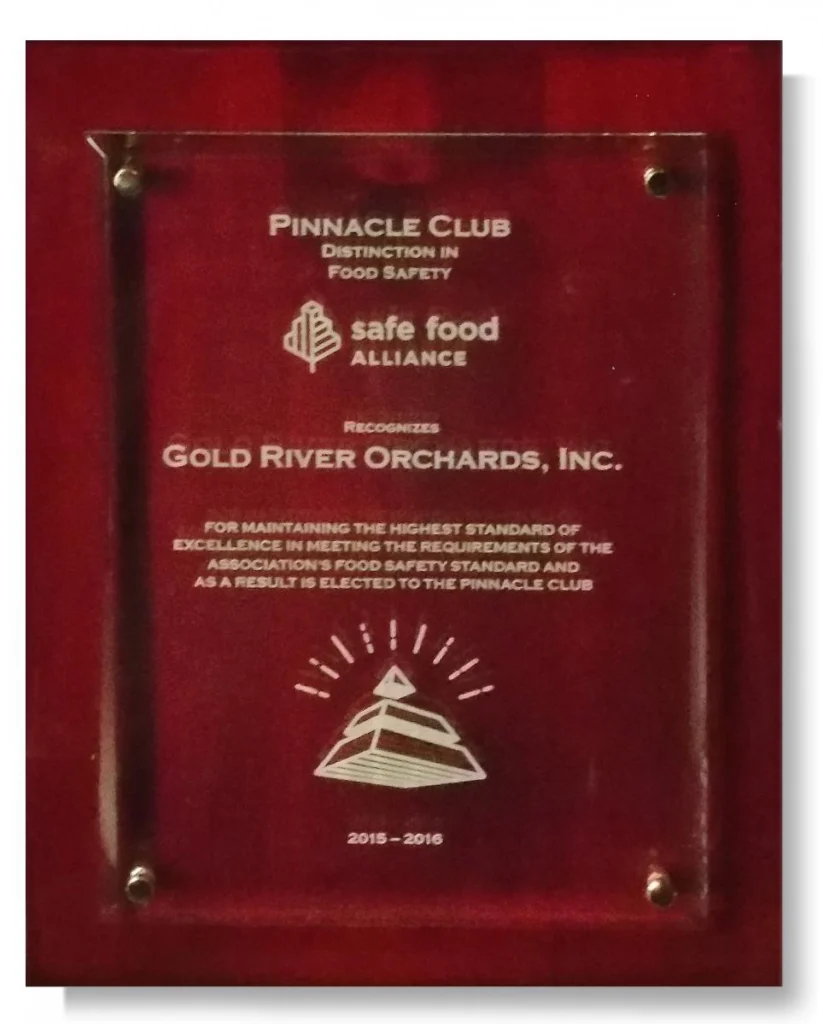 Pinnacle Club distinction in food safety plaque