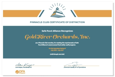 2018 Pinnacle Club Certificate of Distinction Safe Food Alliance Recognition