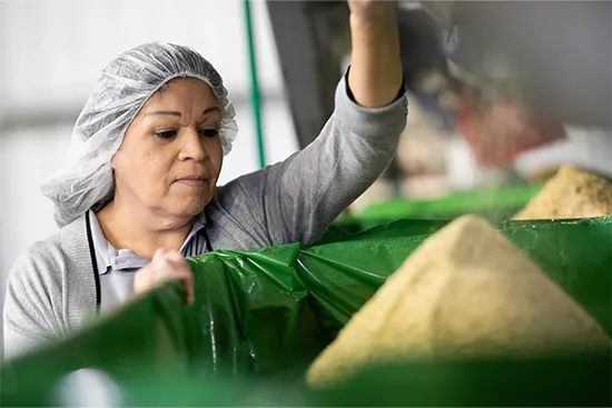 Worker inspecting product